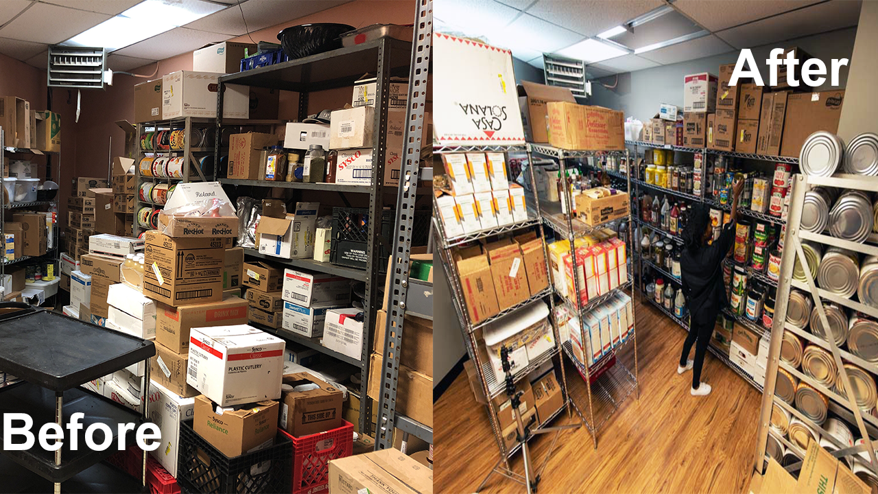 Before and after photograph of an unorganized and an organized pantry.