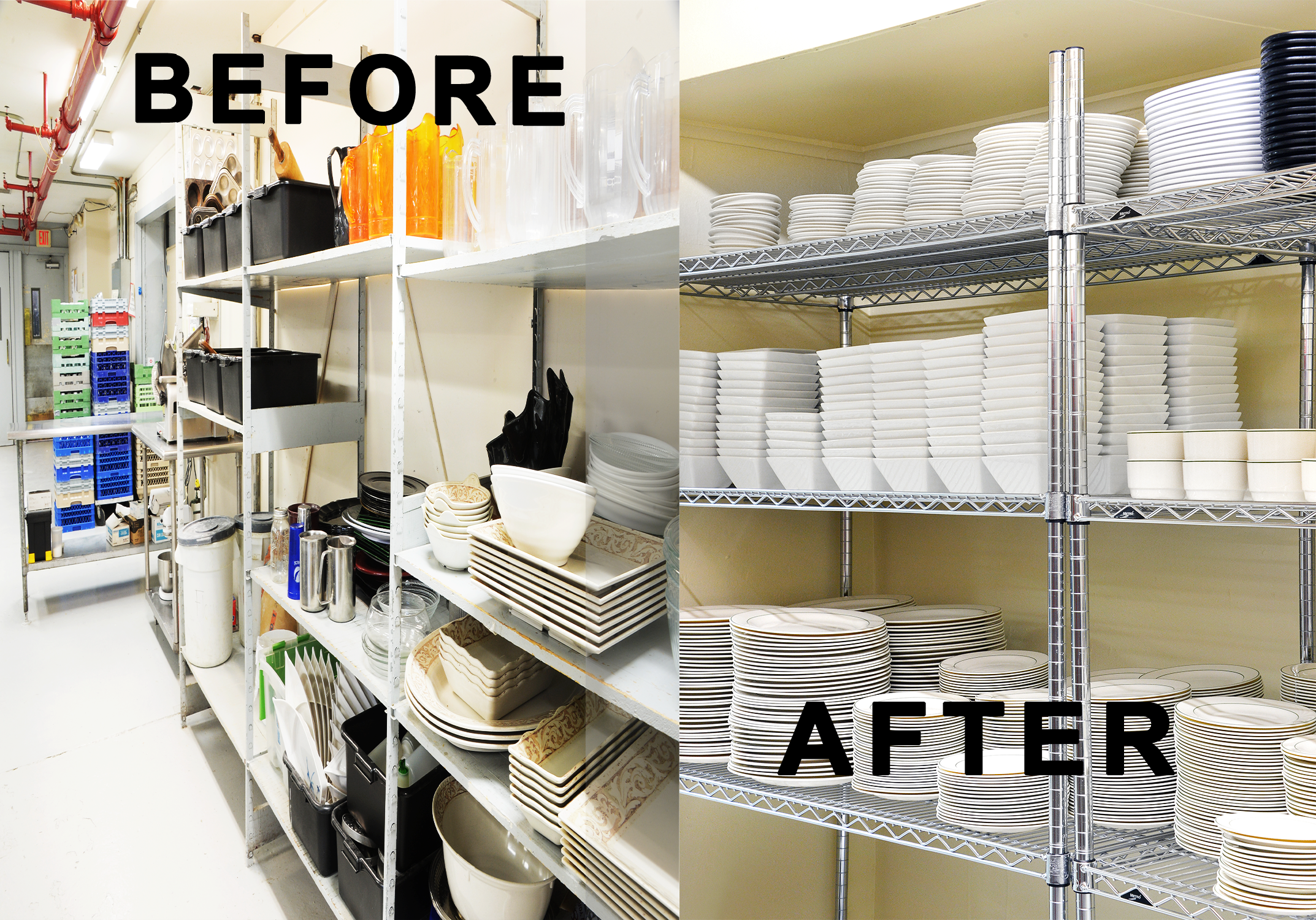 Before and after photograph of an unorganized and organized pantry.