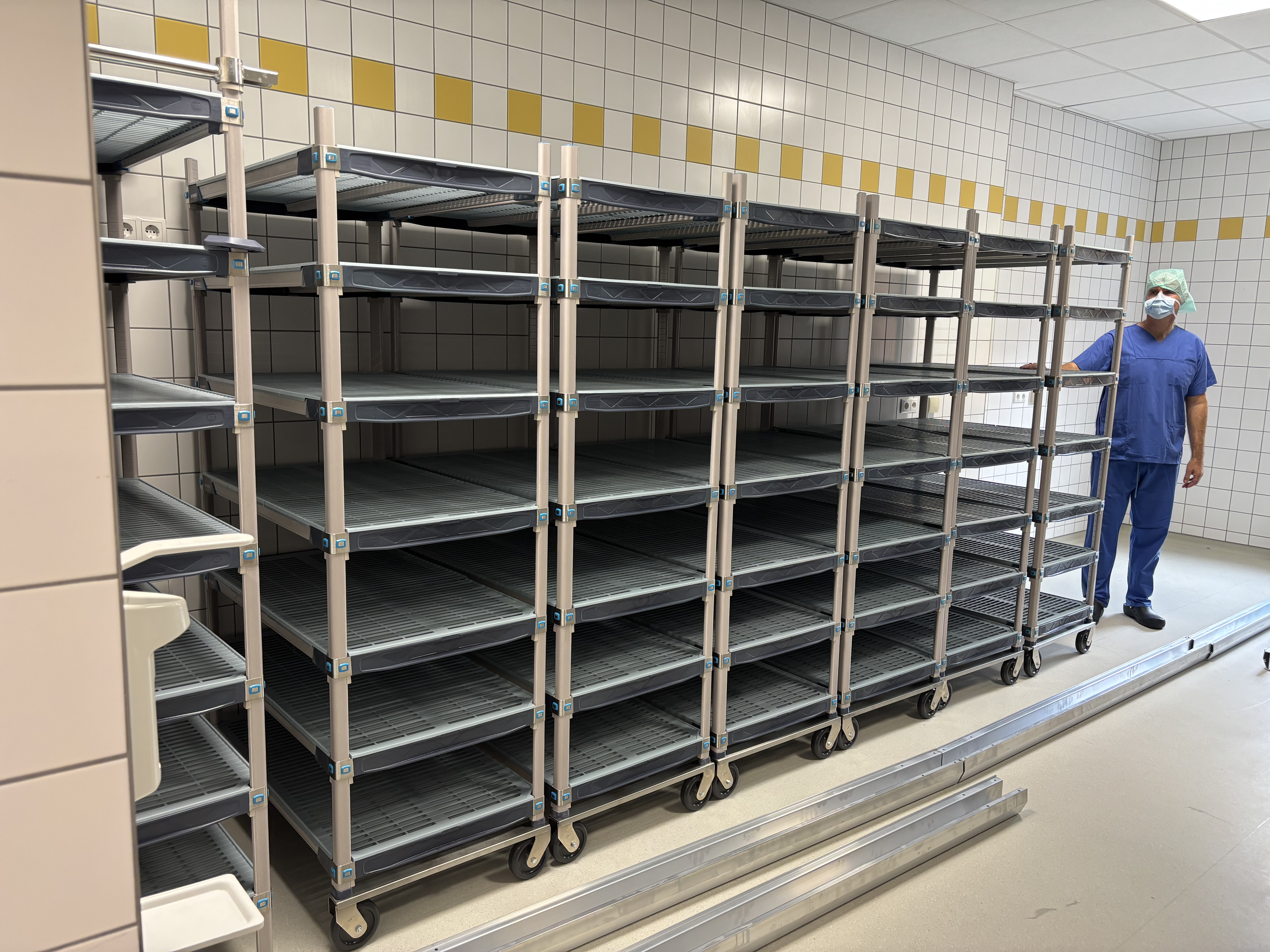 MetroMax 4 plastic high-density shelving system in a hospital