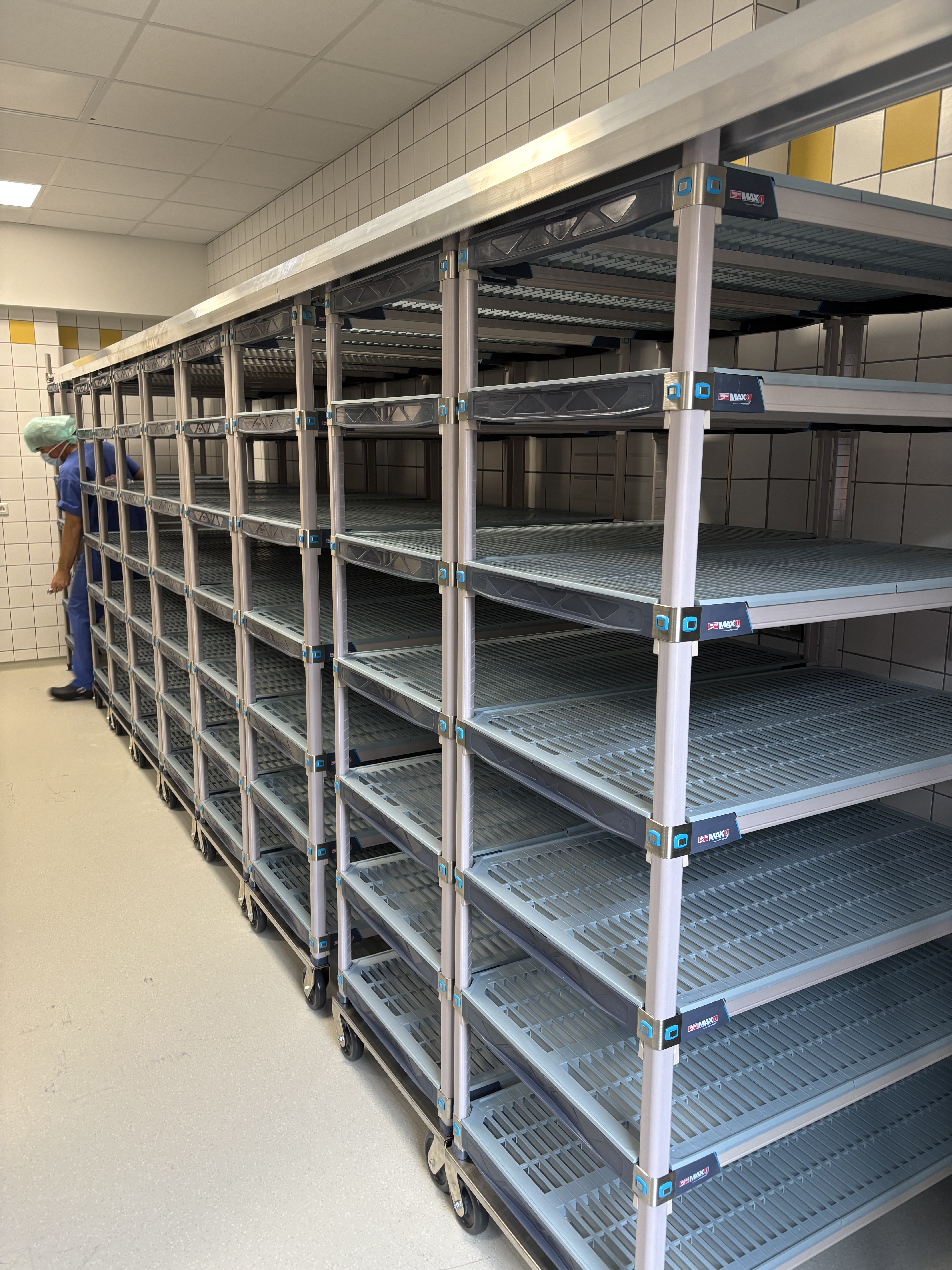 MetroMax 4 high-density track shelving in a hospital sterile storage department 