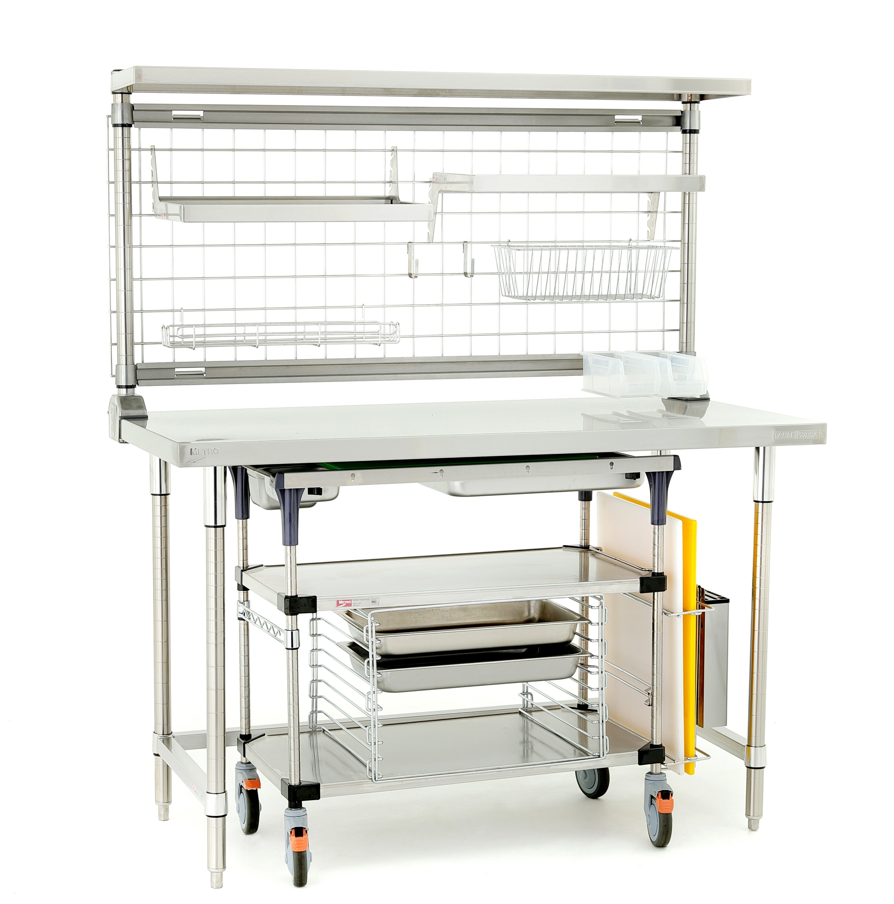 TableWorx prep table with an open base allows for a mobile prep station to nest underneath the prep surface