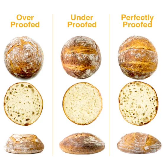 Diagram showing graphics for over, under, perfectly proofed bread.